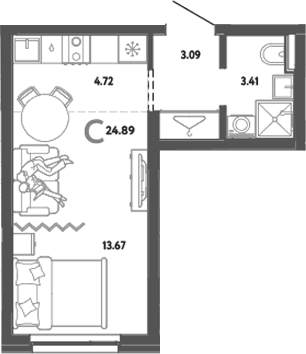 Планировка Студия, 24,89 м² в ЖК Уральский сад